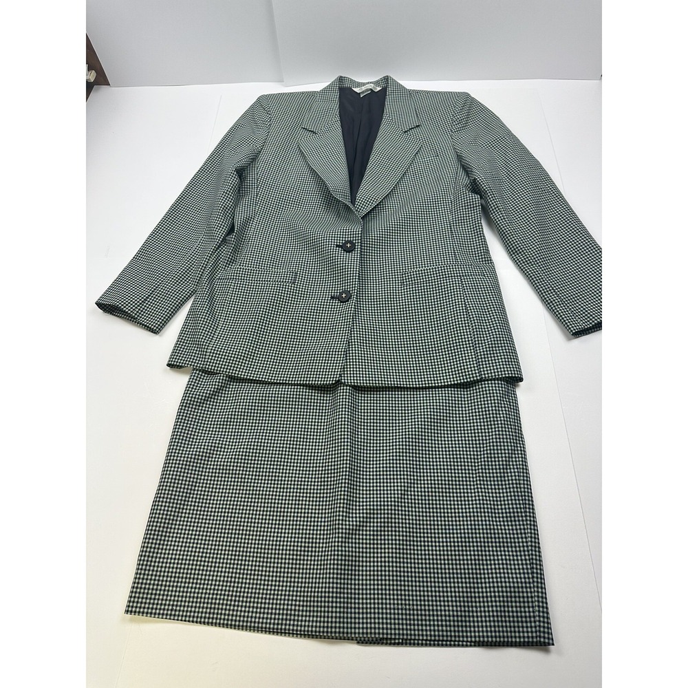 Vtg Austin Reed Skirt Suit 12 100% Wool Jacket Knee Length Skirt Gingham Green